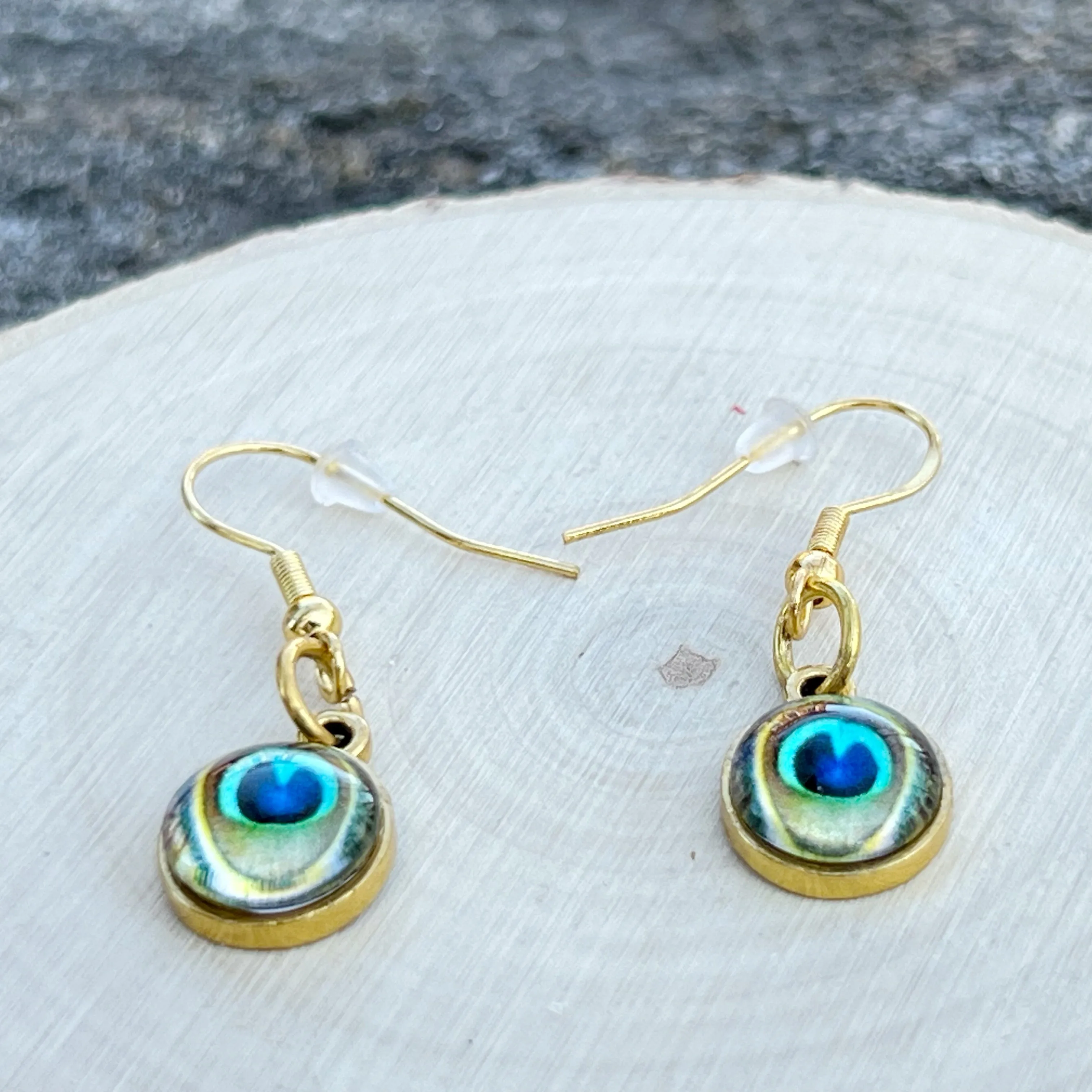 Peacock Eye Dangle Earrings – Handmade Gold Drop Earrings, Boho Nature-Inspired Jewelry, Unique Gift for Her