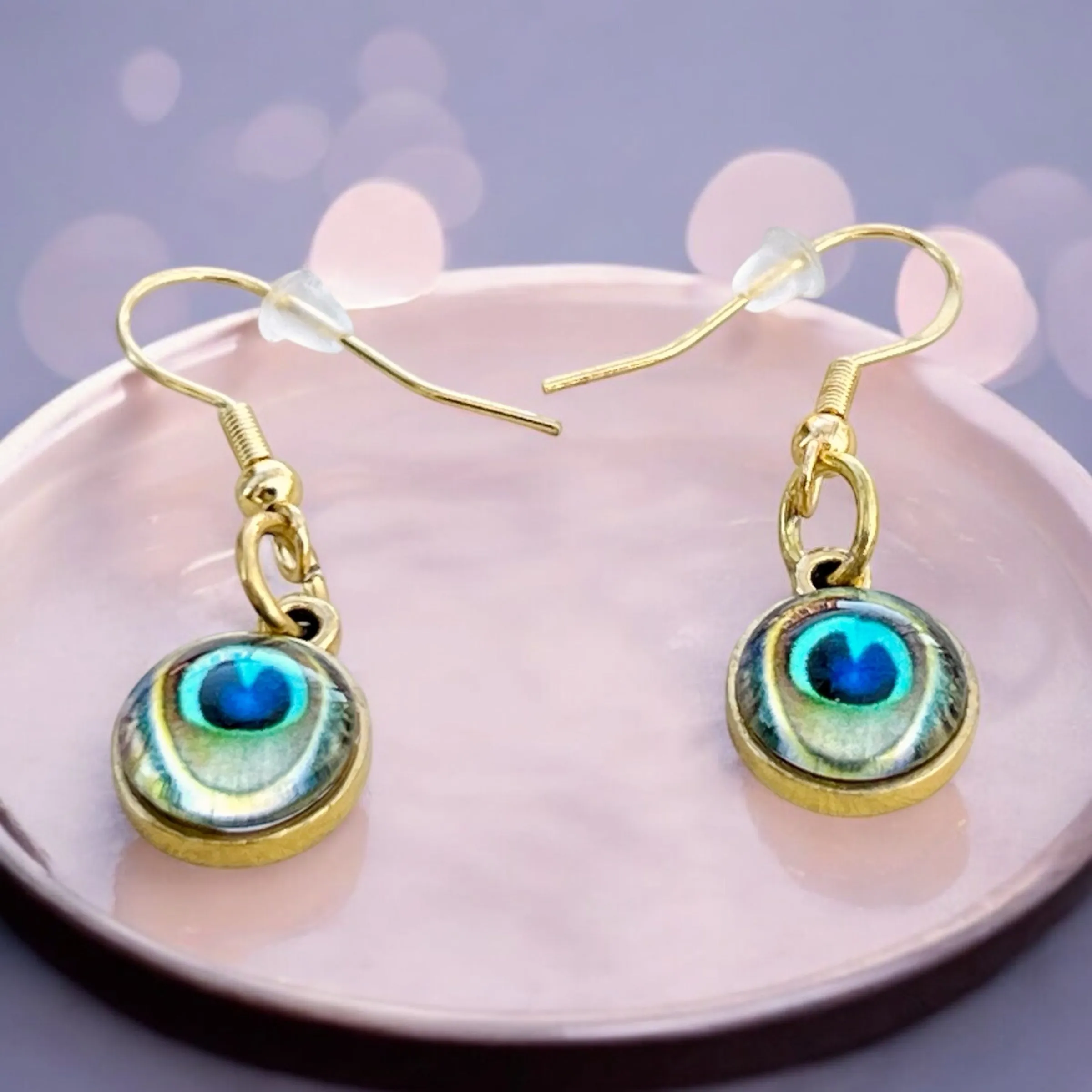 Peacock Eye Dangle Earrings – Handmade Gold Drop Earrings, Boho Nature-Inspired Jewelry, Unique Gift for Her