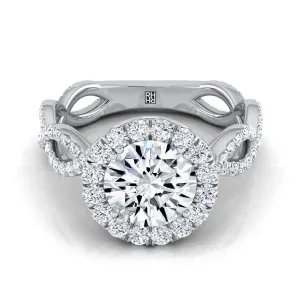Platinum Round Brilliant Diamond Ribbon Twist French Pave Halo Engagement Ring -3/4ctw