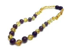 Polished Lemon Amethyst Baltic Amber Necklace for Newborn Baby, Infant, Toddler