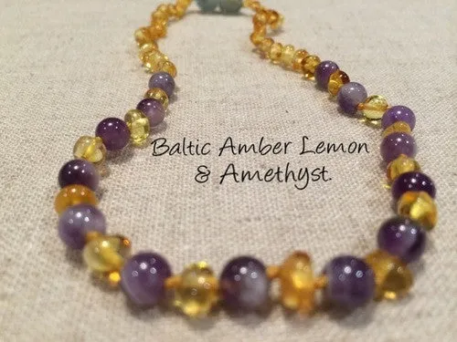 Polished Lemon Amethyst Baltic Amber Necklace for Newborn Baby, Infant, Toddler