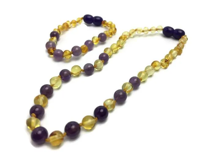 Polished Lemon Amethyst Baltic Amber Necklace for Newborn Baby, Infant, Toddler