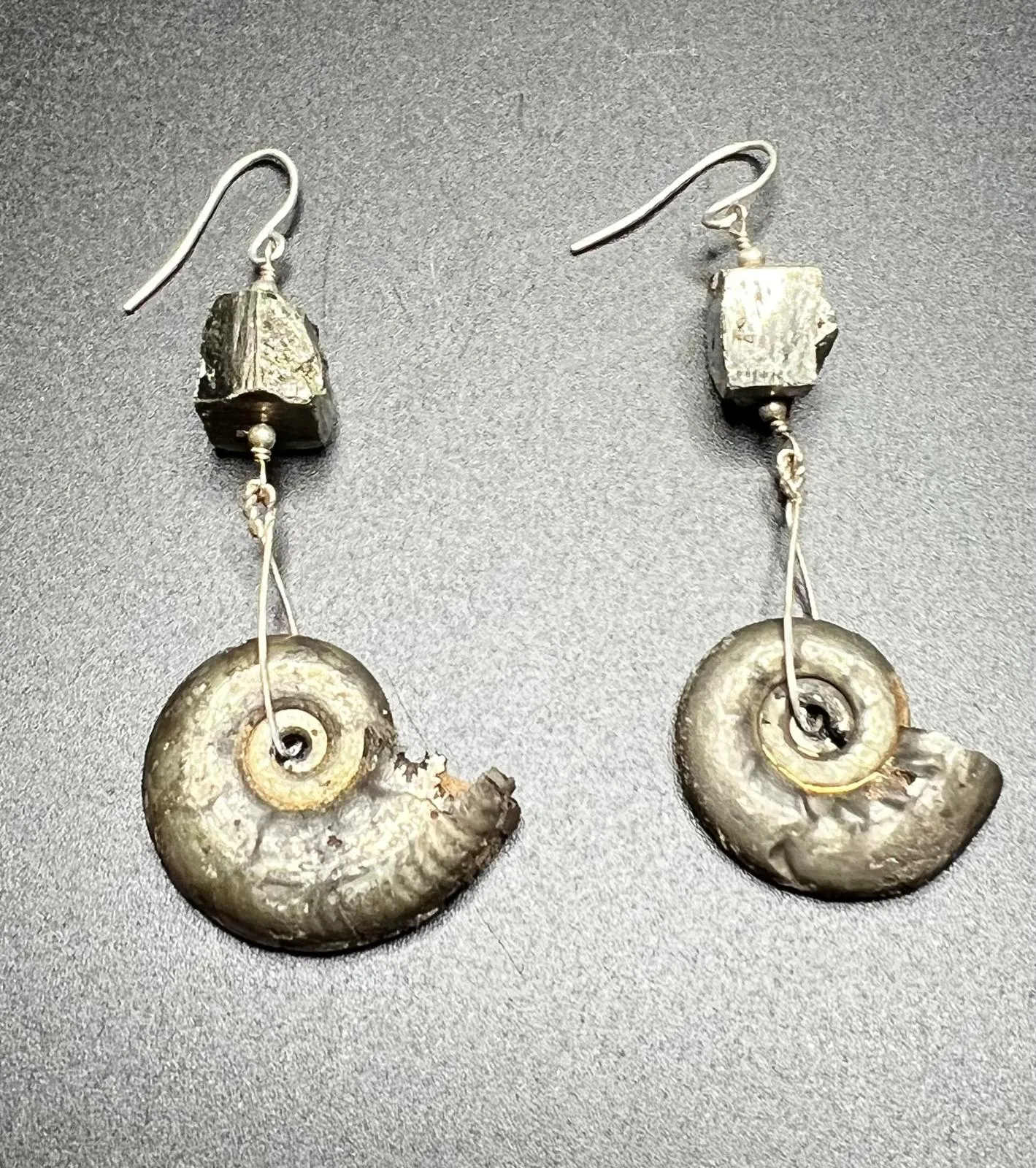 Pyritized Ammonite, Pyrite, and Sterling Silver Earrings