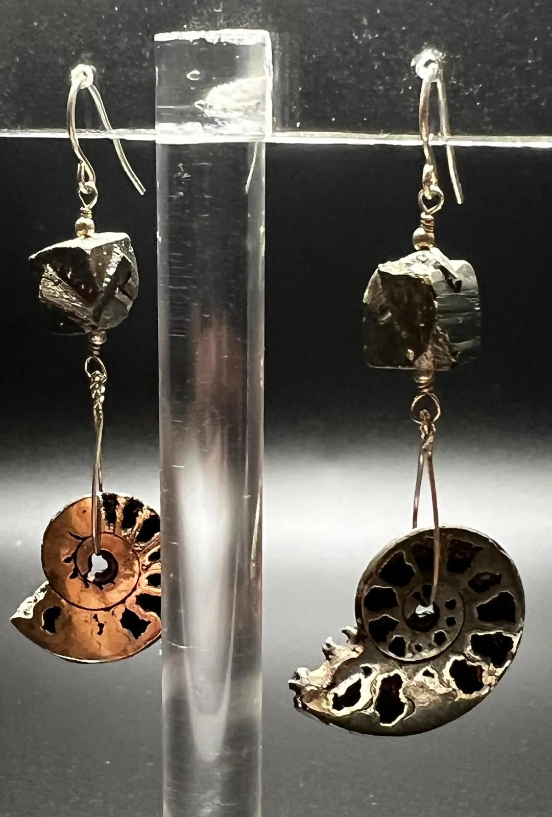 Pyritized Ammonite, Pyrite, and Sterling Silver Earrings