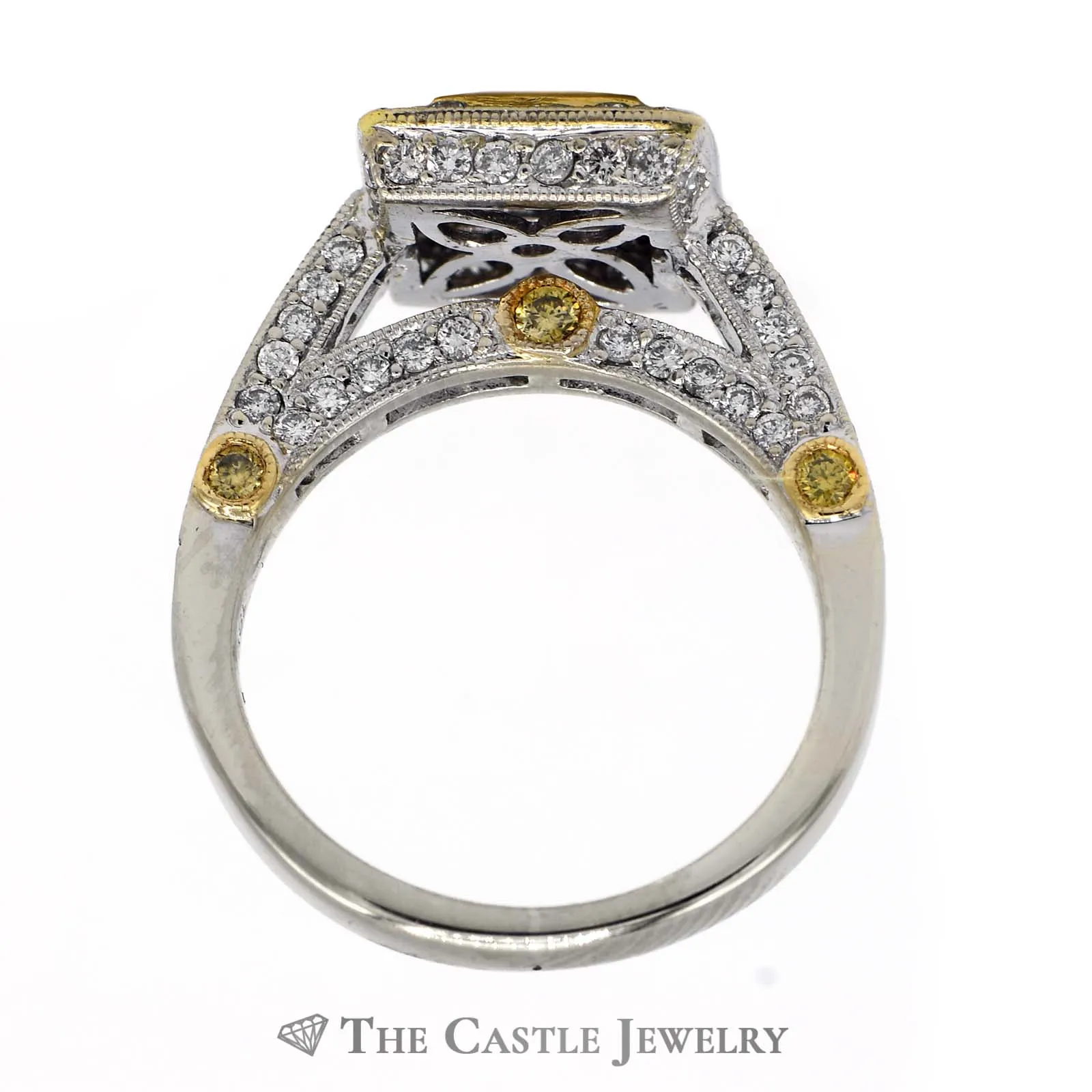 Quad Diamond Cluster Engagement Ring with Halo & Accents in 18k Two-Tone Gold