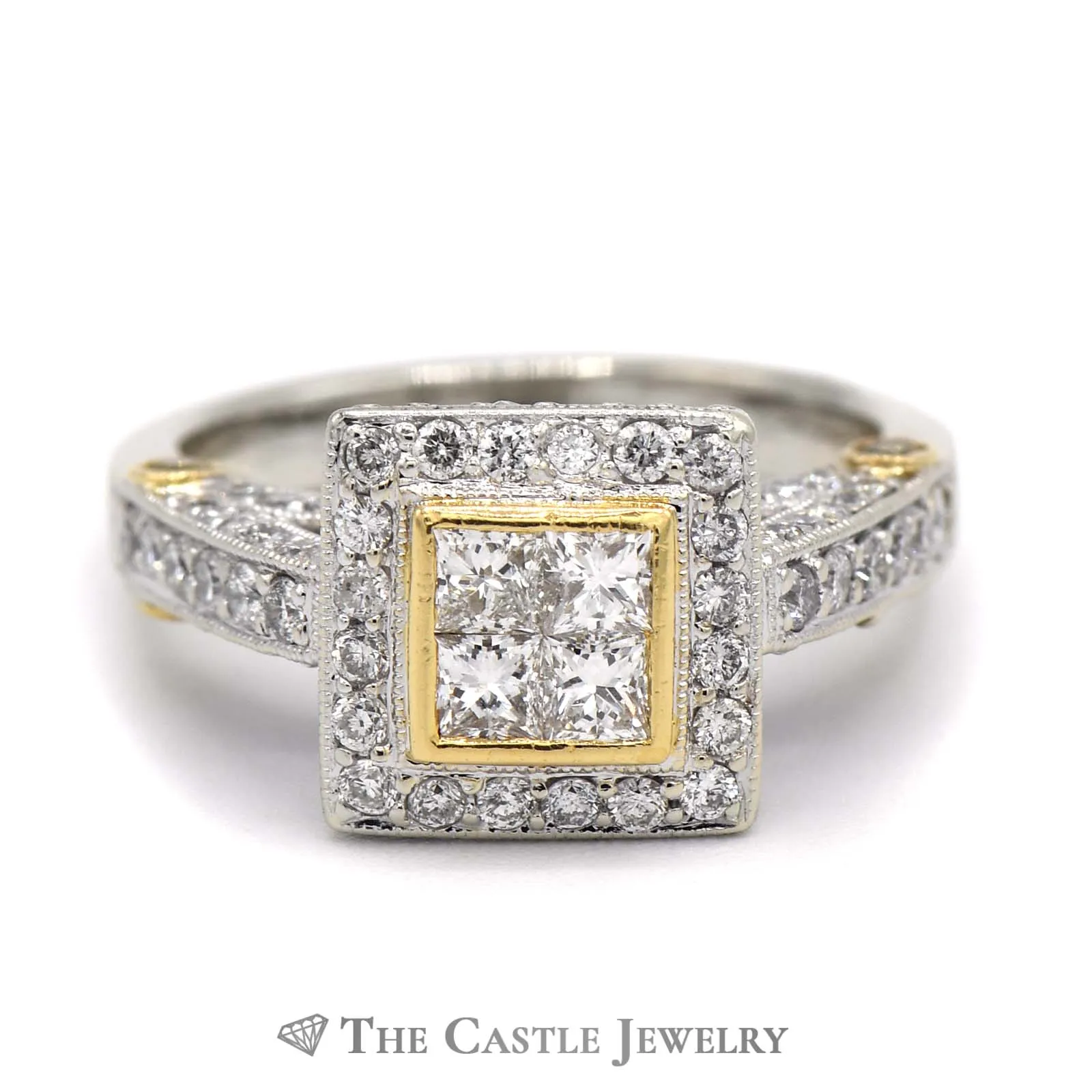 Quad Diamond Cluster Engagement Ring with Halo & Accents in 18k Two-Tone Gold