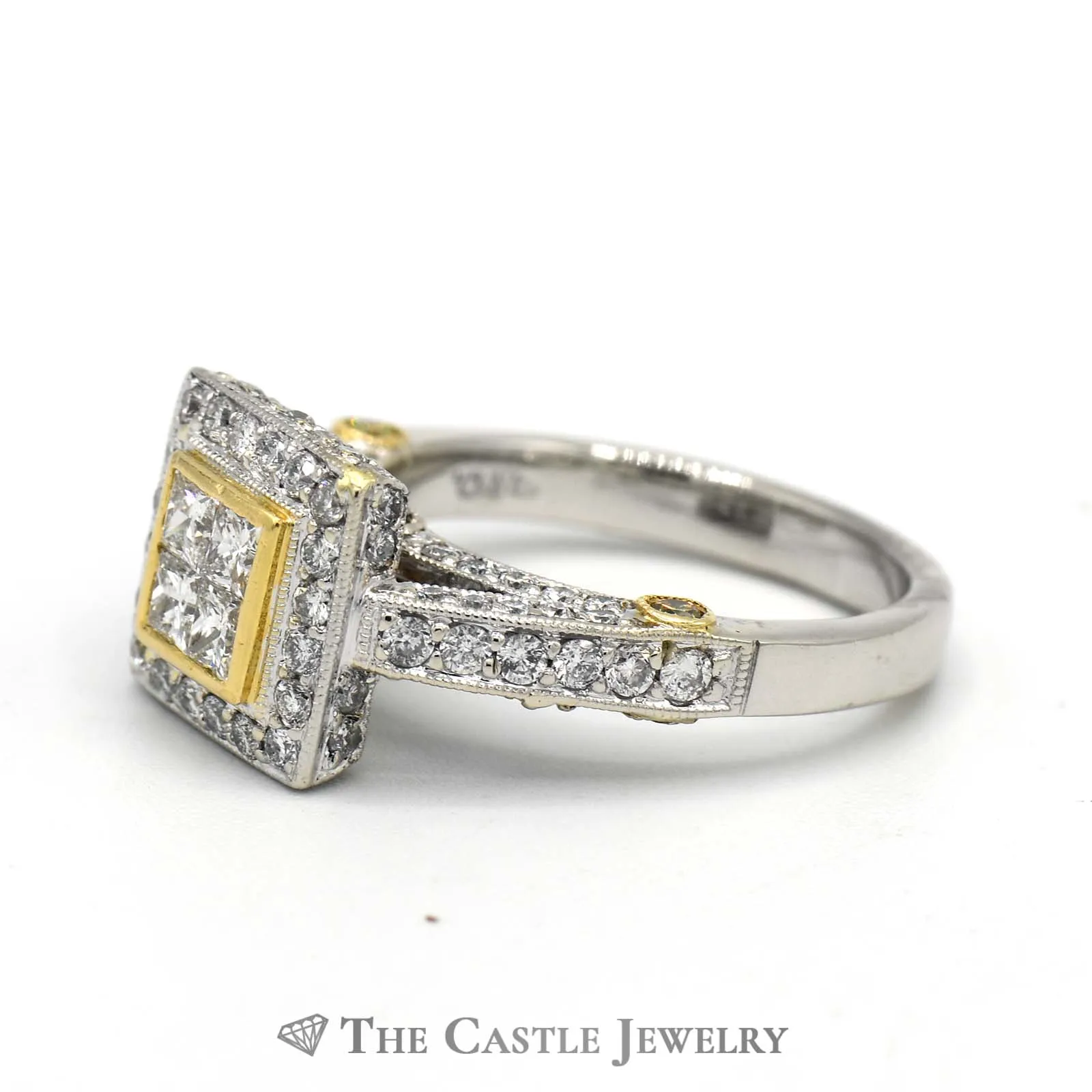 Quad Diamond Cluster Engagement Ring with Halo & Accents in 18k Two-Tone Gold