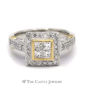 Quad Diamond Cluster Engagement Ring with Halo & Accents in 18k Two-Tone Gold