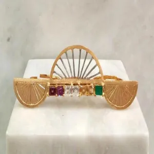 "Abanico" with Rhodolite Garnet, White Topaz, Citrine and Green Agate Cocktail Ring (3 Finger Ring)