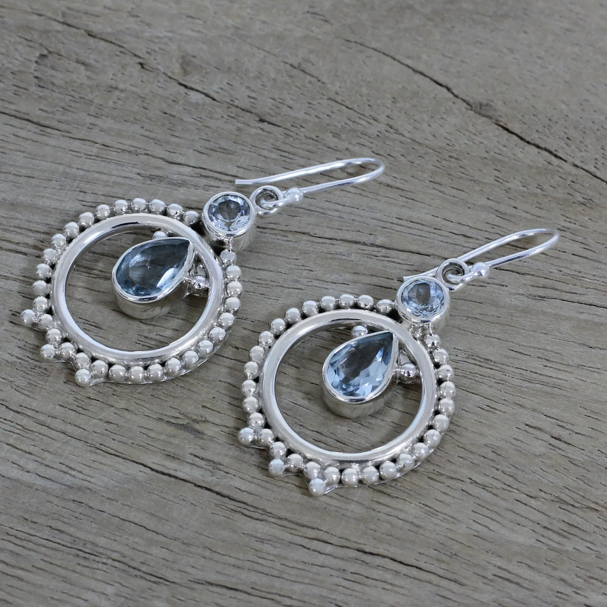 Regal Circles Blue Topaz and Sterling Silver Dangle Earrings from India