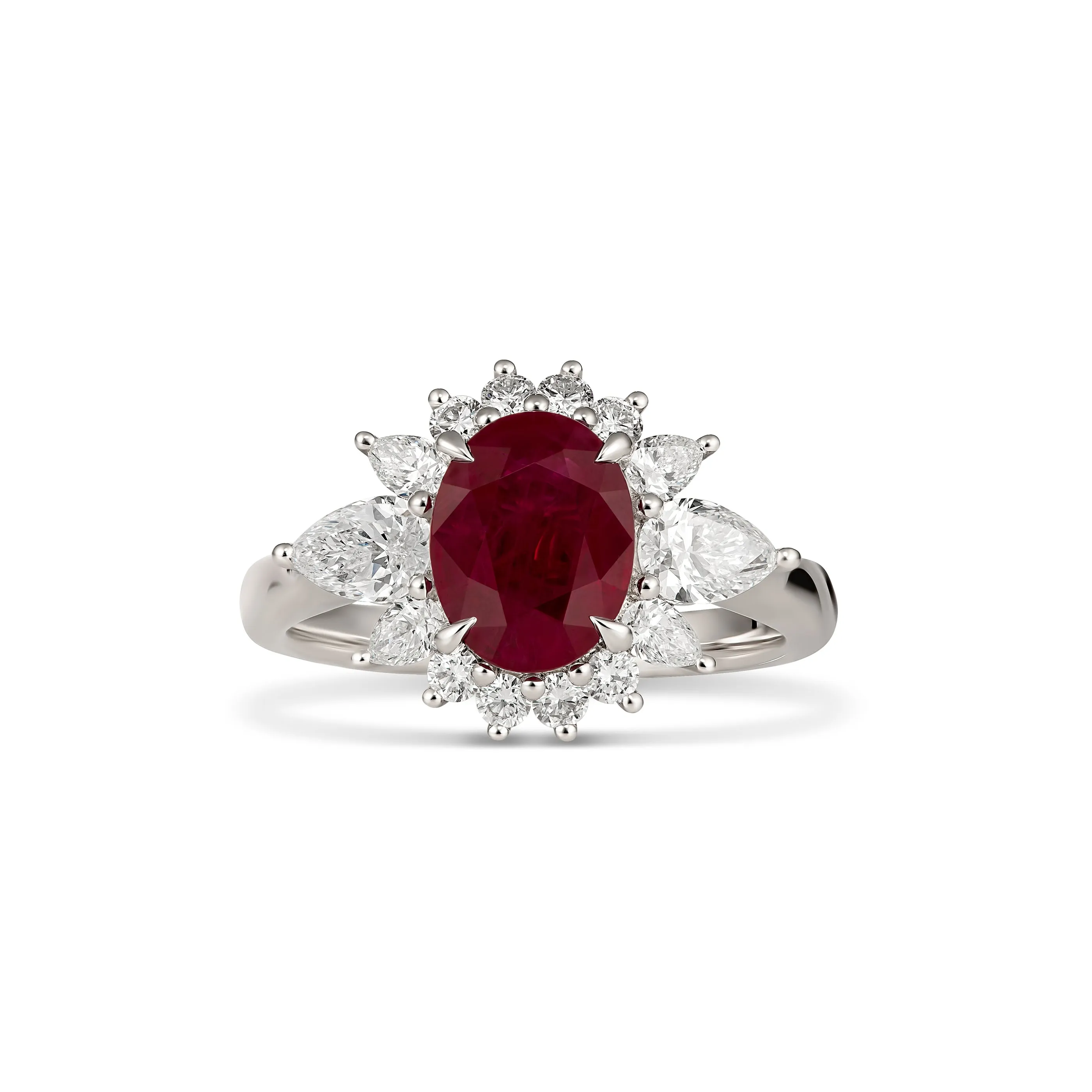 Regal Collection® Oval Cut Ruby and Diamond Halo Ring | White Gold