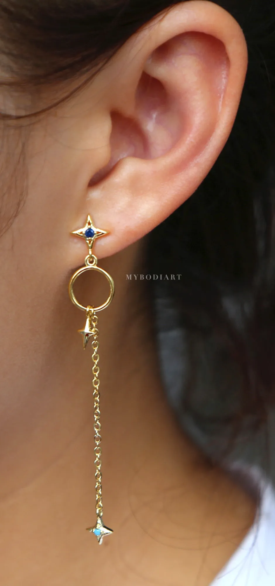 Rini Unique Hoop & Stars Chain Drop Earrings in Gold