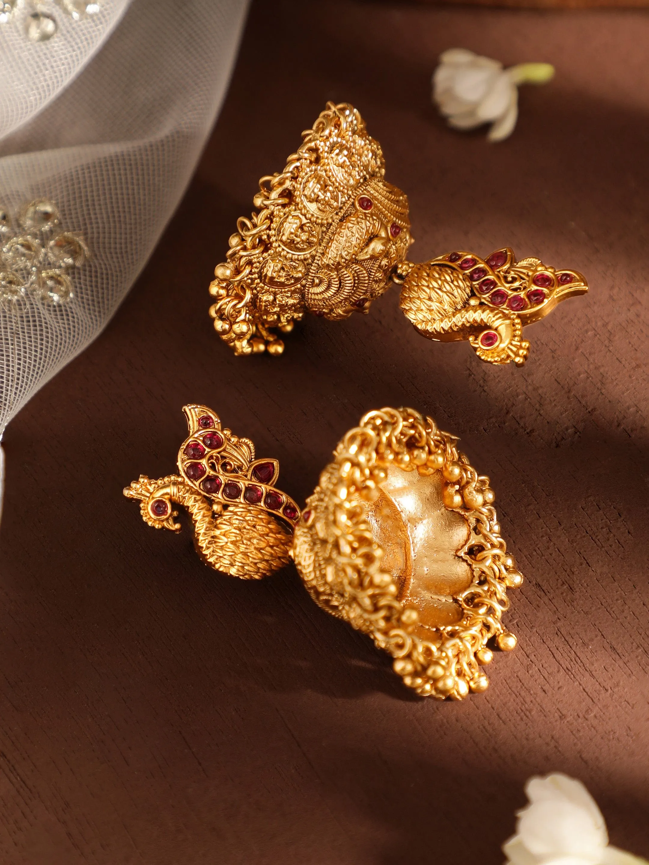 Rubans Celestial Plumage 22k Gold plated Jhumka Earrings with Peacock Charm