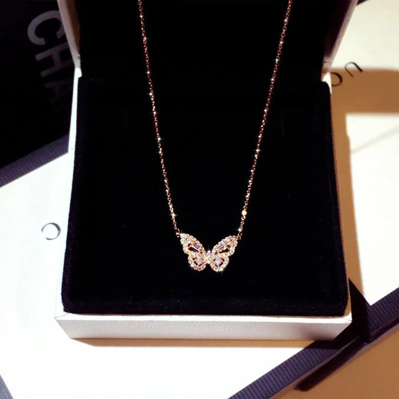 Shimmering Zircon Butterfly Pendant Necklaces