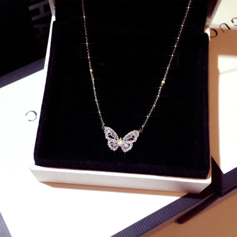Shimmering Zircon Butterfly Pendant Necklaces