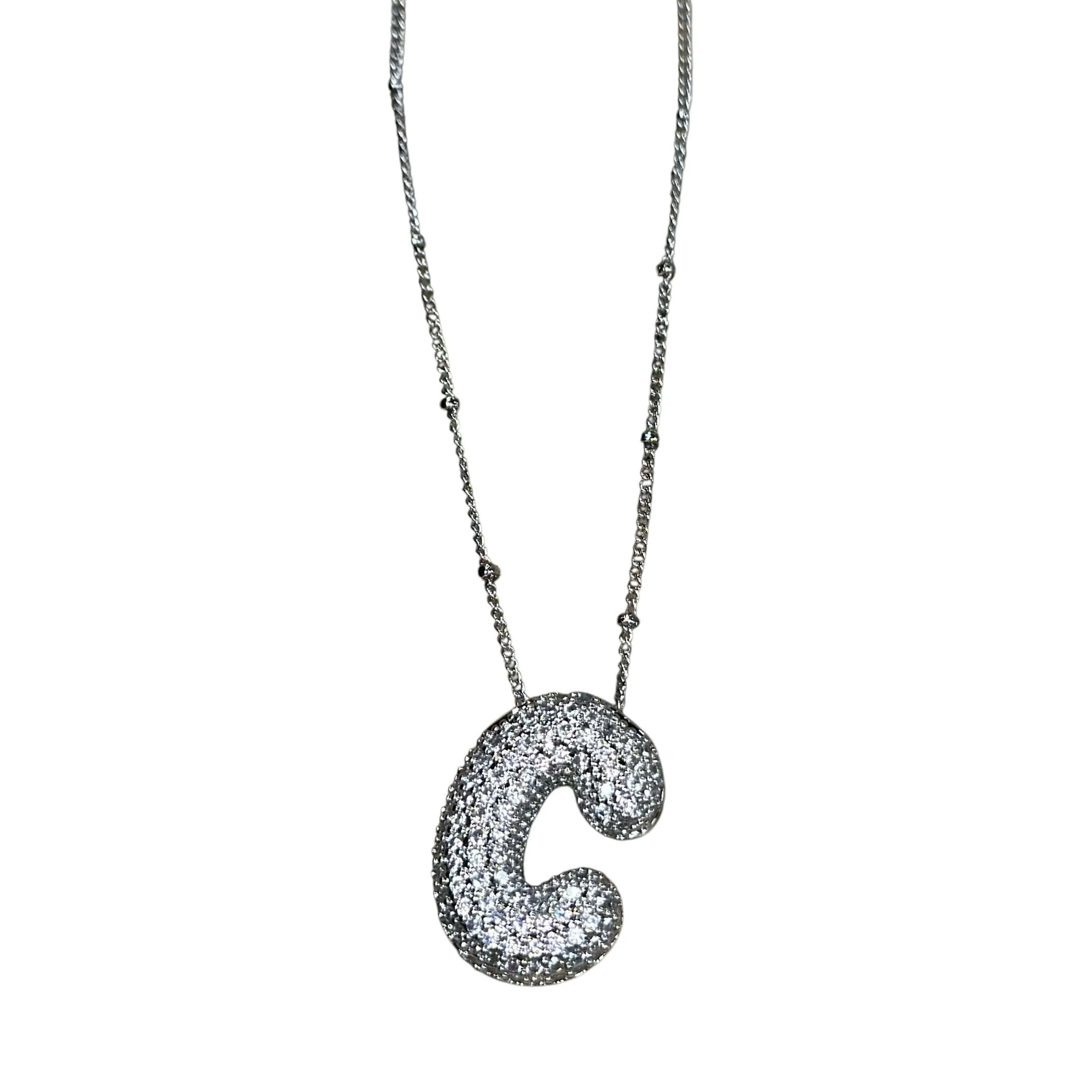 Silver Jeweled Bubble Initial Necklace