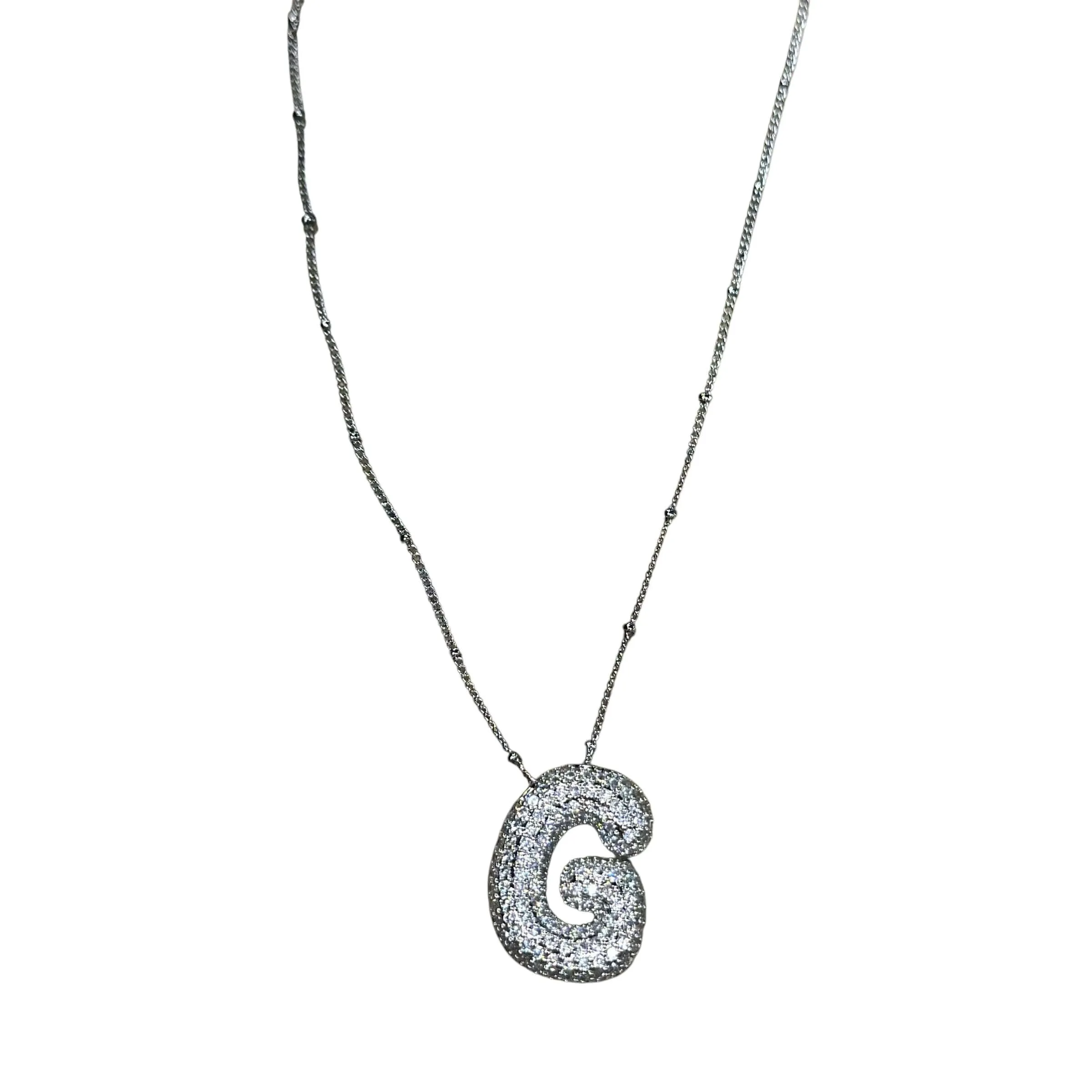 Silver Jeweled Bubble Initial Necklace
