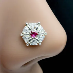 Silver Pink White Nose pin with Push Pin