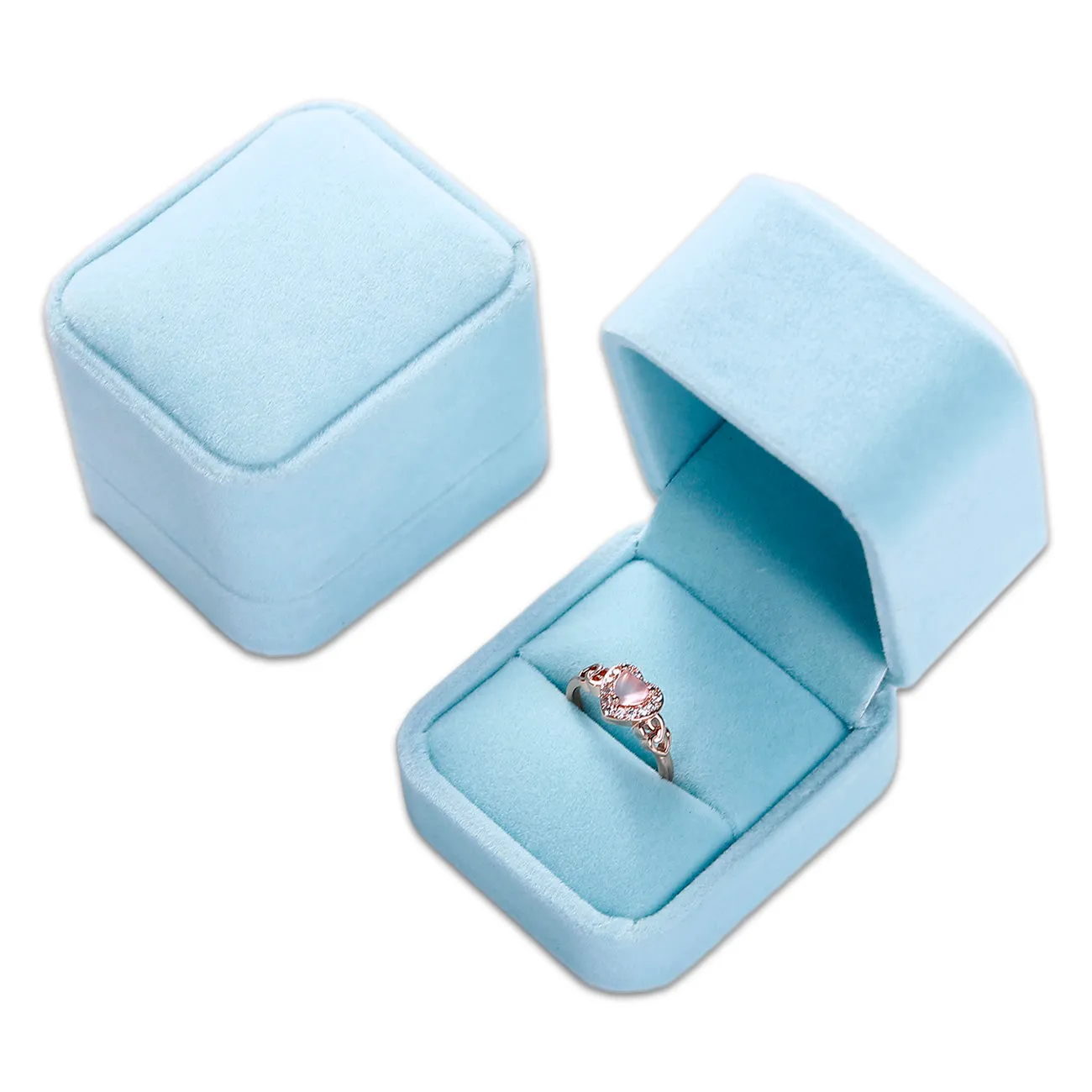 Single Deluxe Plush Light Blue Velvet High-Top Ring Box