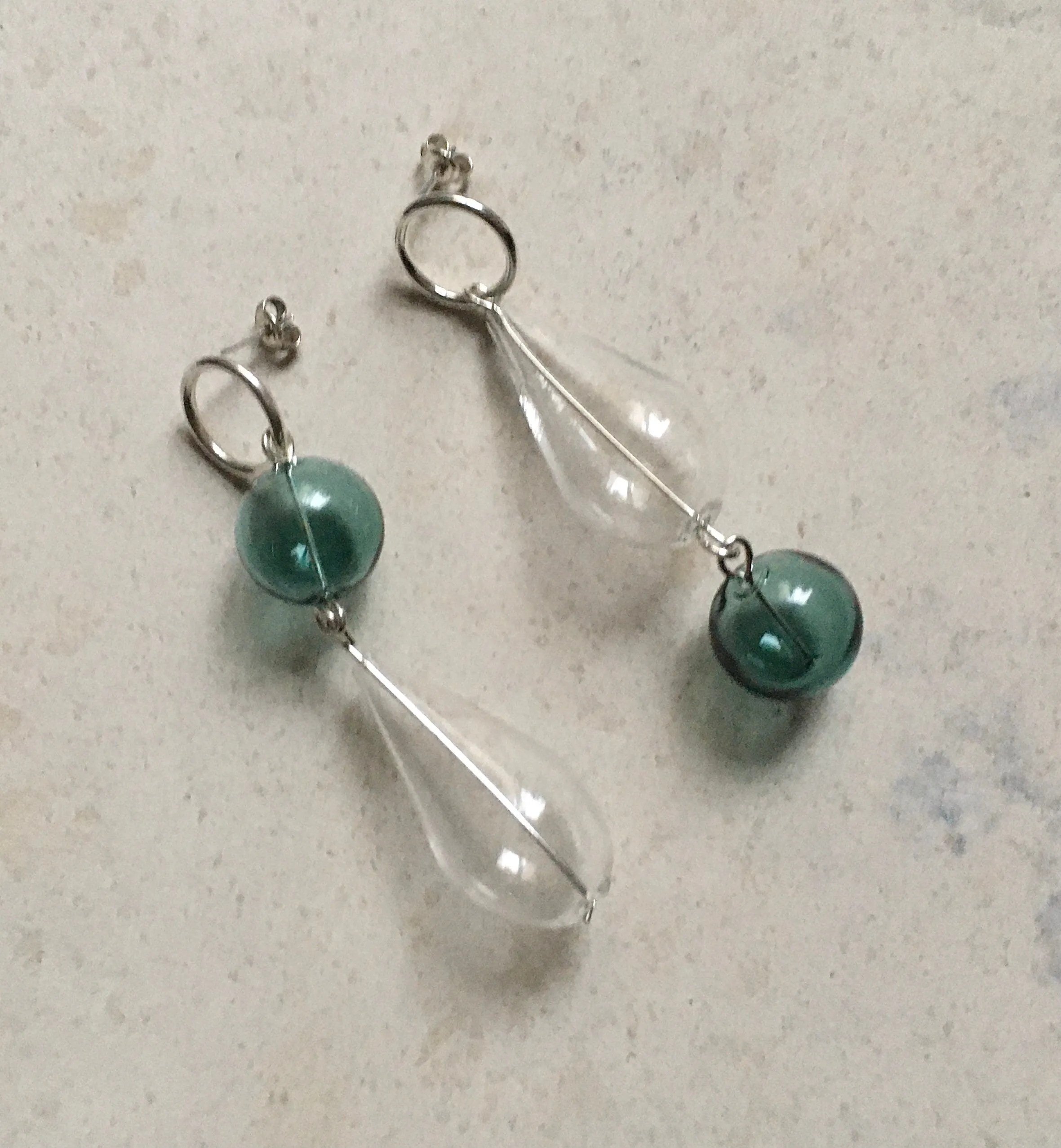 Statement glass and silver earrings, unique handmade mismatch earrings