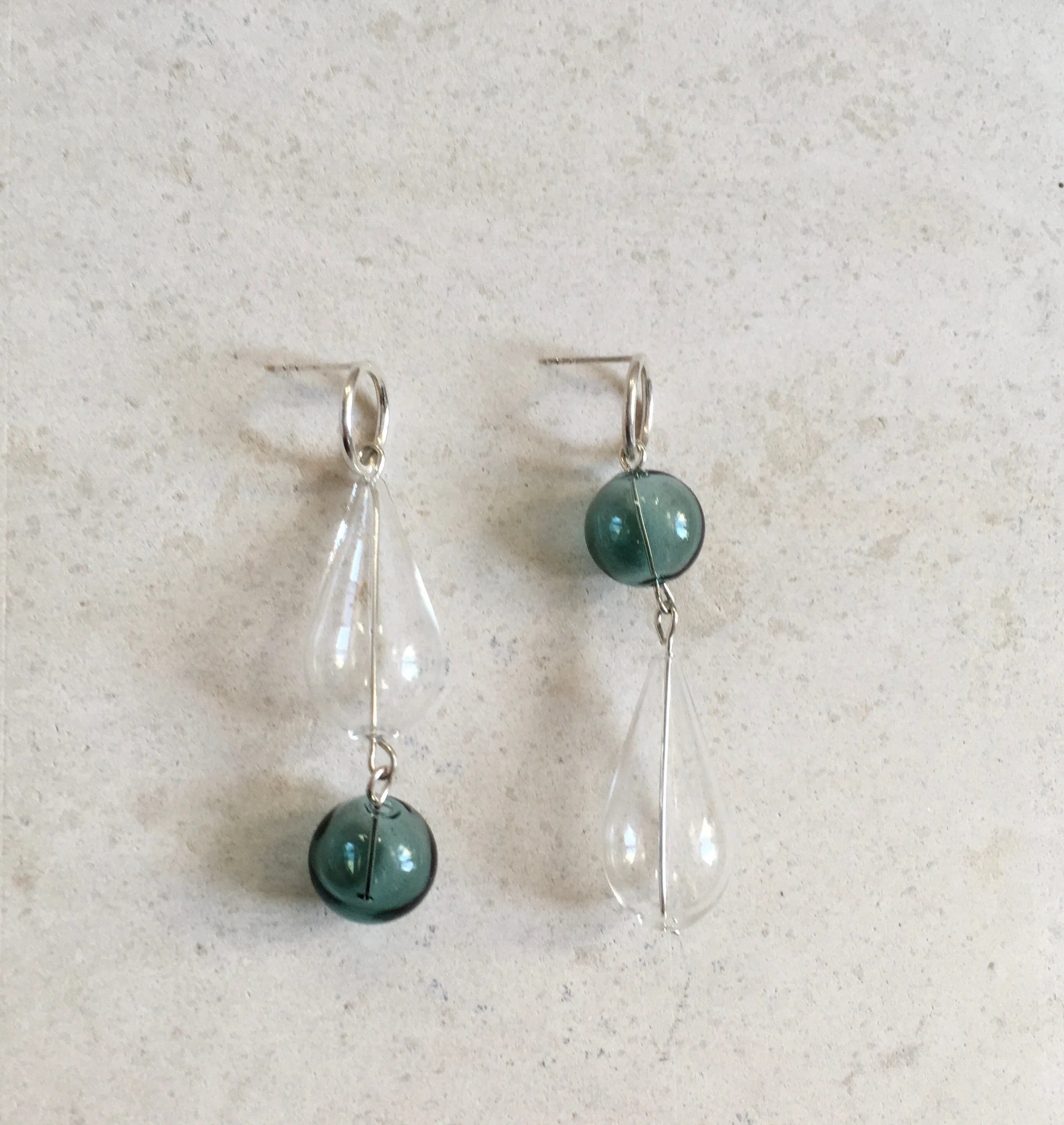 Statement glass and silver earrings, unique handmade mismatch earrings