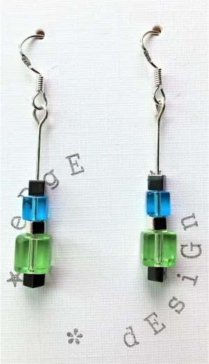 Sterling silver earrings - Green, Blue, Black Glass and Silver Cube beads
