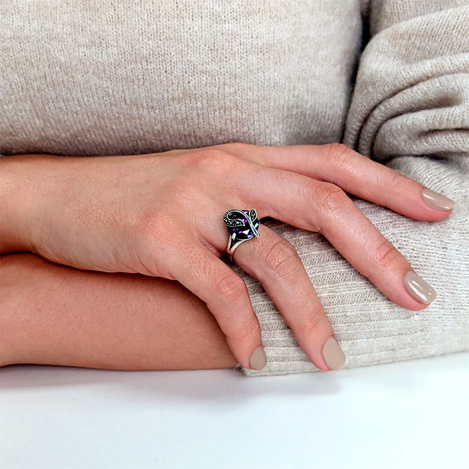 Sterling Silver Marcasite Round Purple Cubic Zirconia Art Nouveau Solitaire Ring