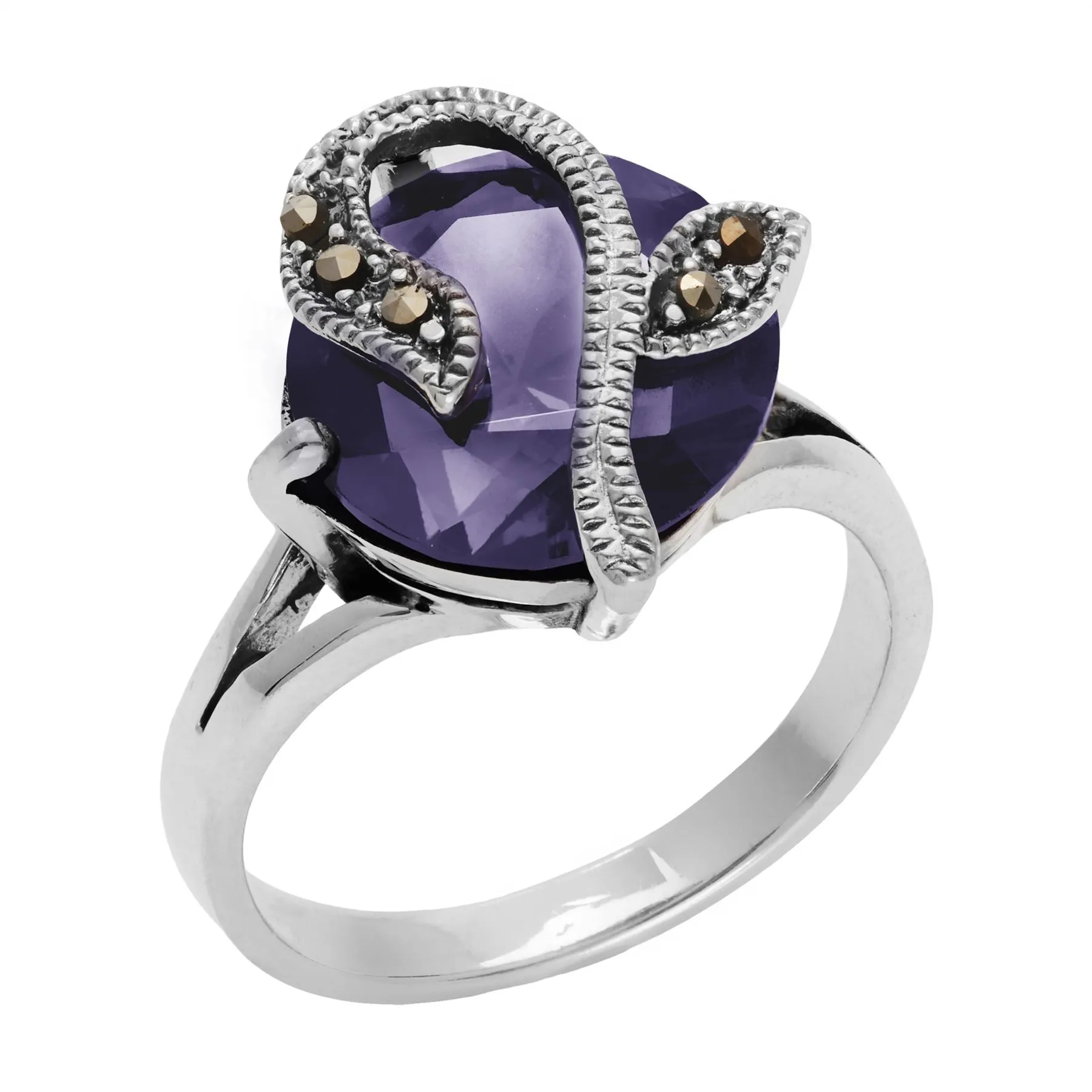 Sterling Silver Marcasite Round Purple Cubic Zirconia Art Nouveau Solitaire Ring