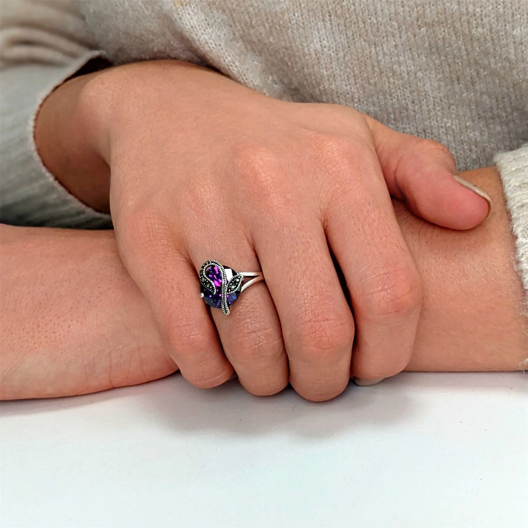 Sterling Silver Marcasite Round Purple Cubic Zirconia Art Nouveau Solitaire Ring