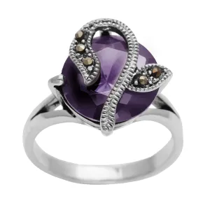 Sterling Silver Marcasite Round Purple Cubic Zirconia Art Nouveau Solitaire Ring