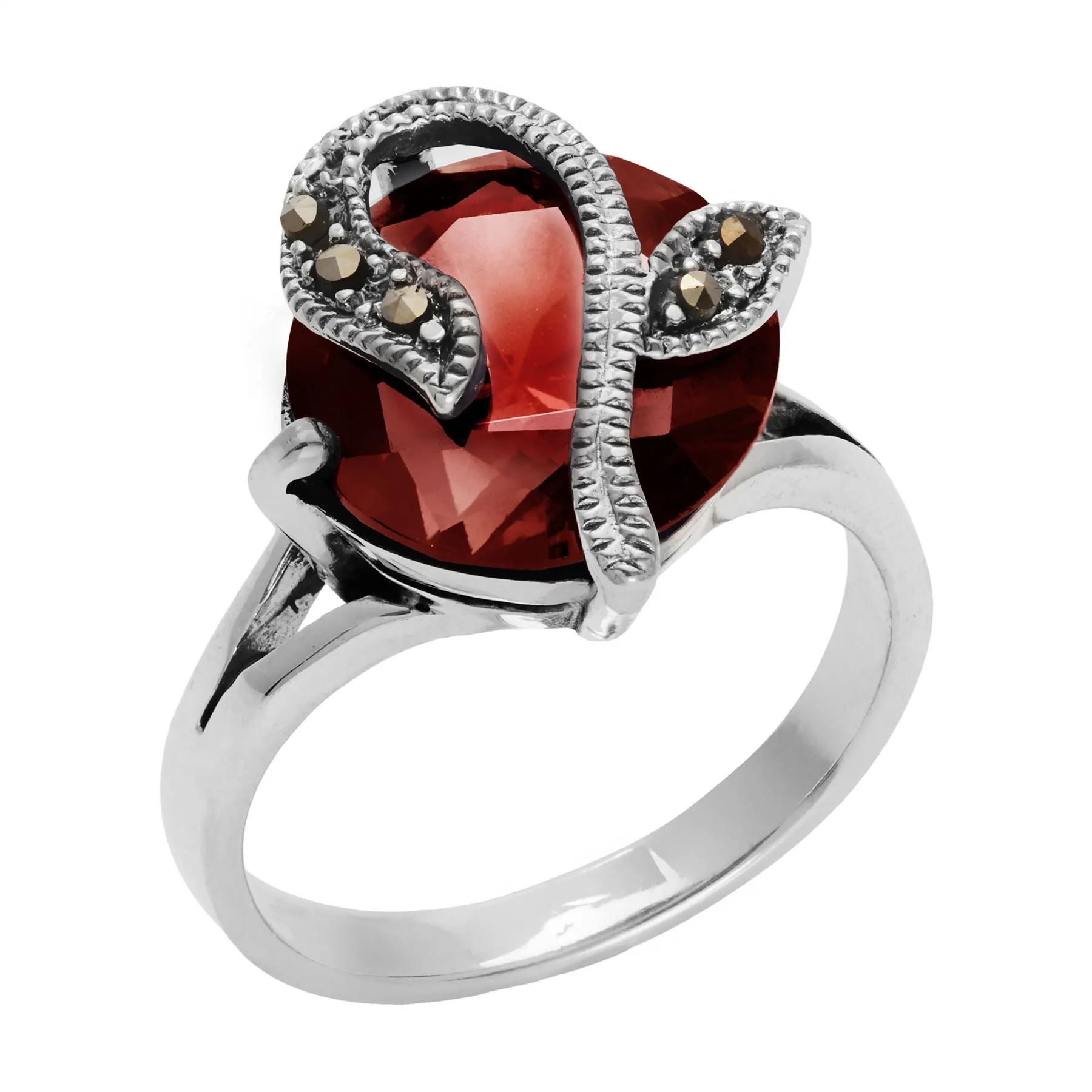 Sterling Silver Marcasite Round Red Cubic Zirconia Art Nouveau Solitaire Ring