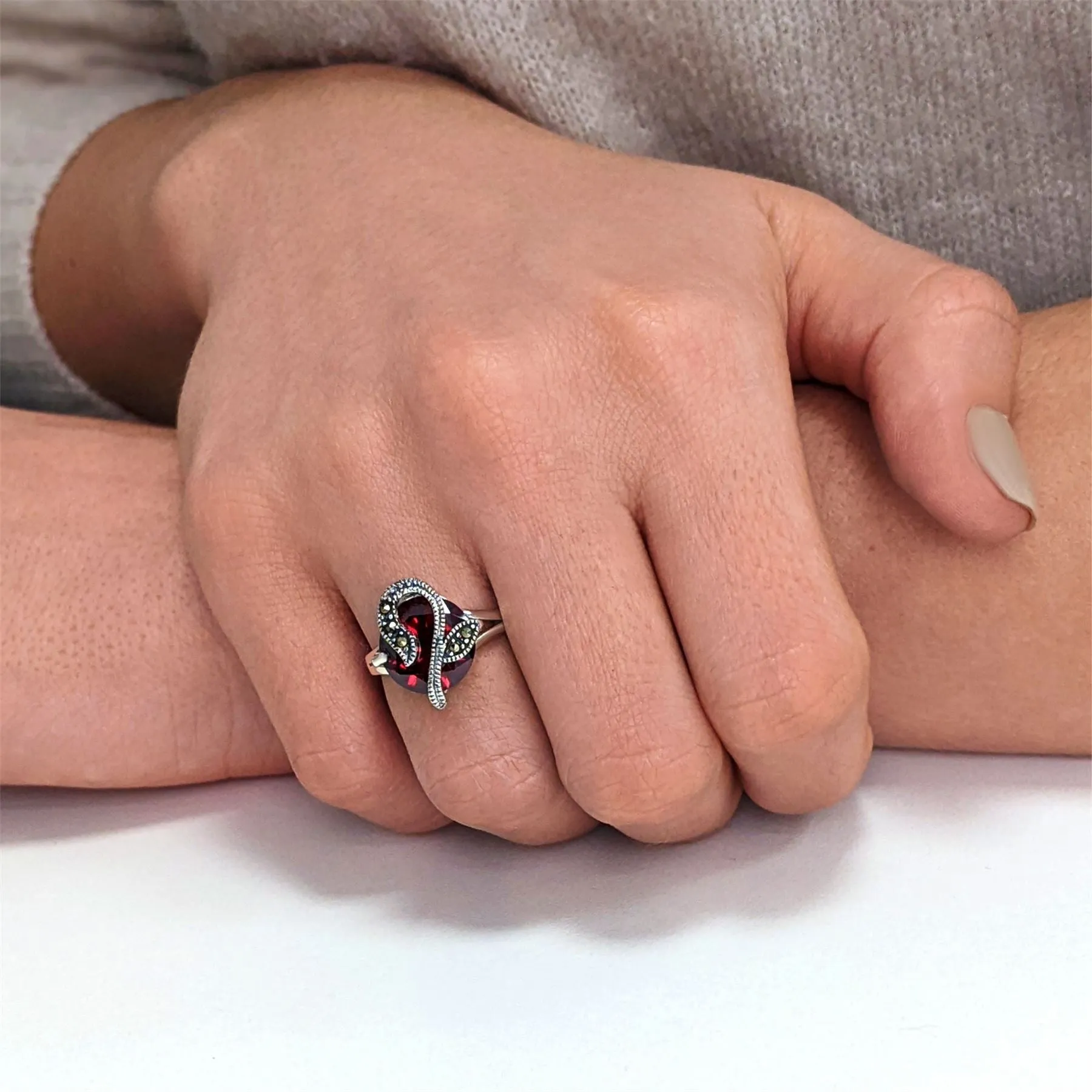Sterling Silver Marcasite Round Red Cubic Zirconia Art Nouveau Solitaire Ring