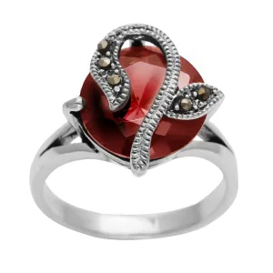 Sterling Silver Marcasite Round Red Cubic Zirconia Art Nouveau Solitaire Ring