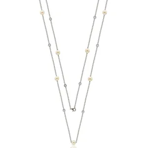 Suzy Levian Sterling Silver White Sapphire and Pearl By-the-Yard 36" Station Necklace