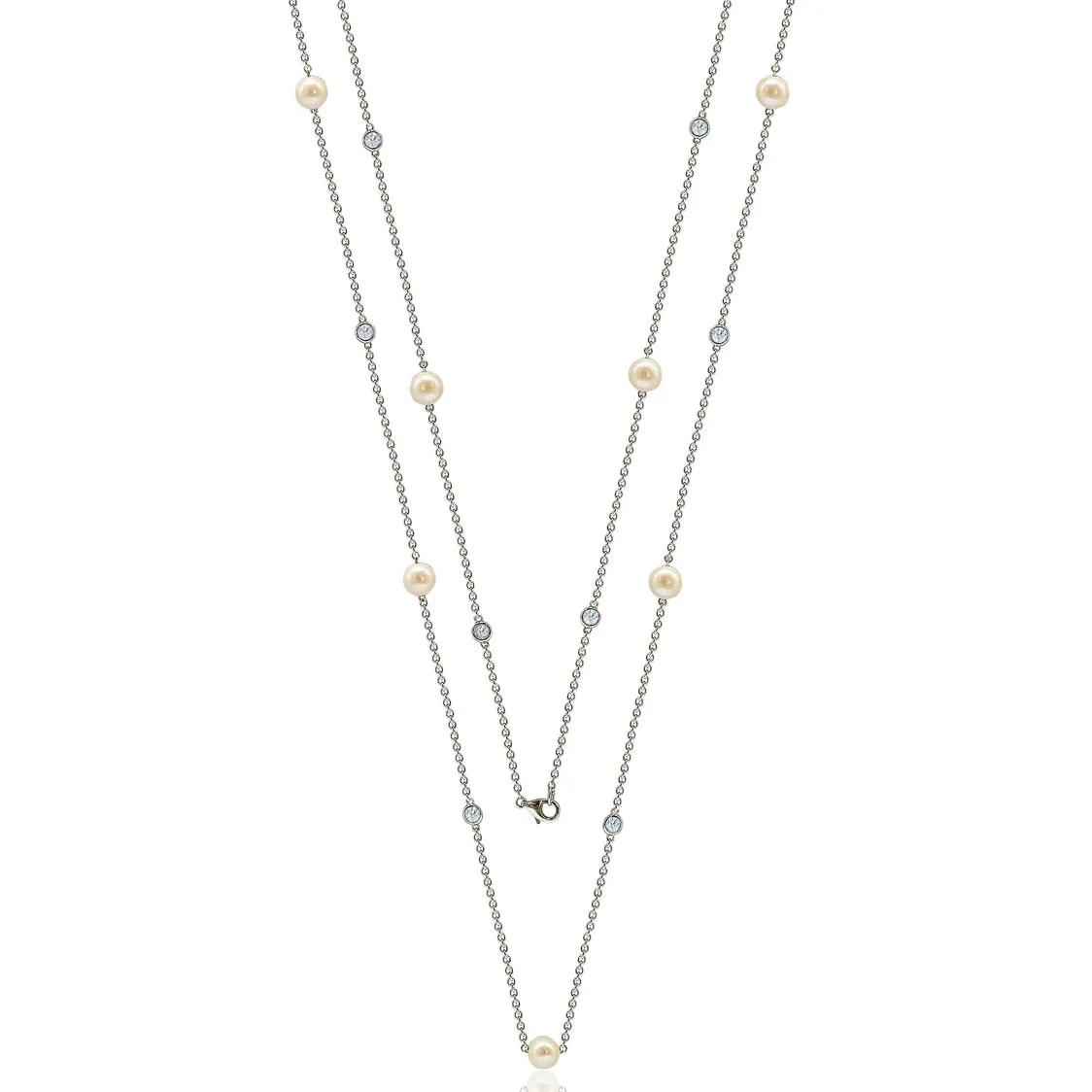 Suzy Levian Sterling Silver White Sapphire and Pearl By-the-Yard 36" Station Necklace