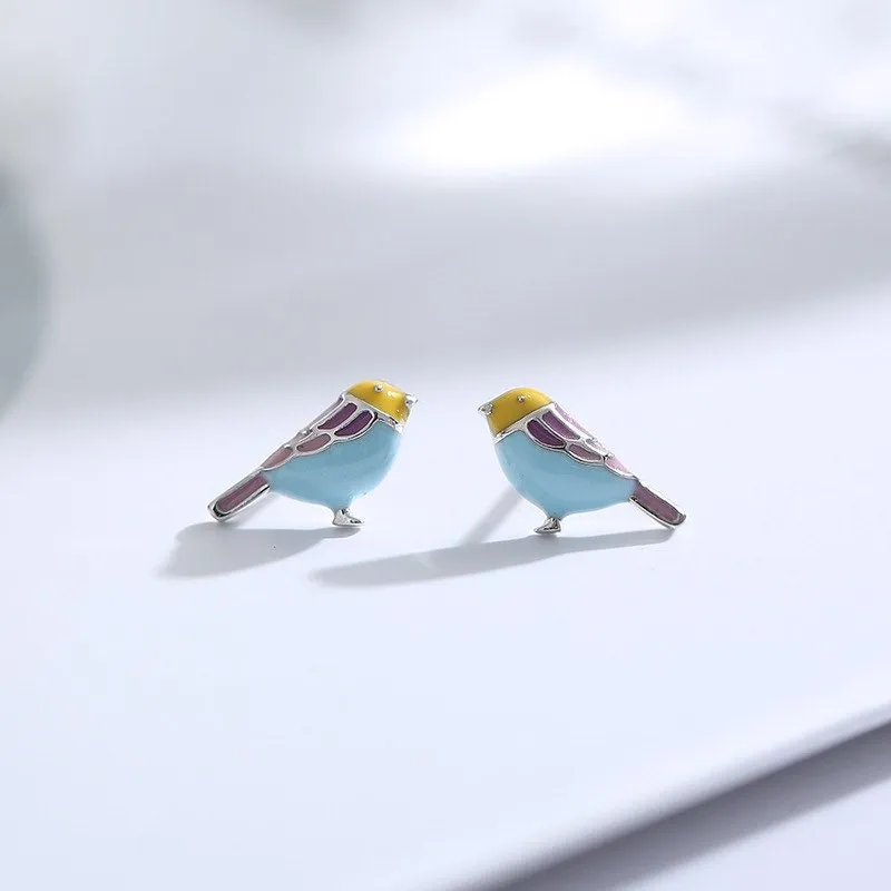 Tiny Bird Earrings| Studs| Enameled earrings| Sterling Silver| Gift for her| Cute|
