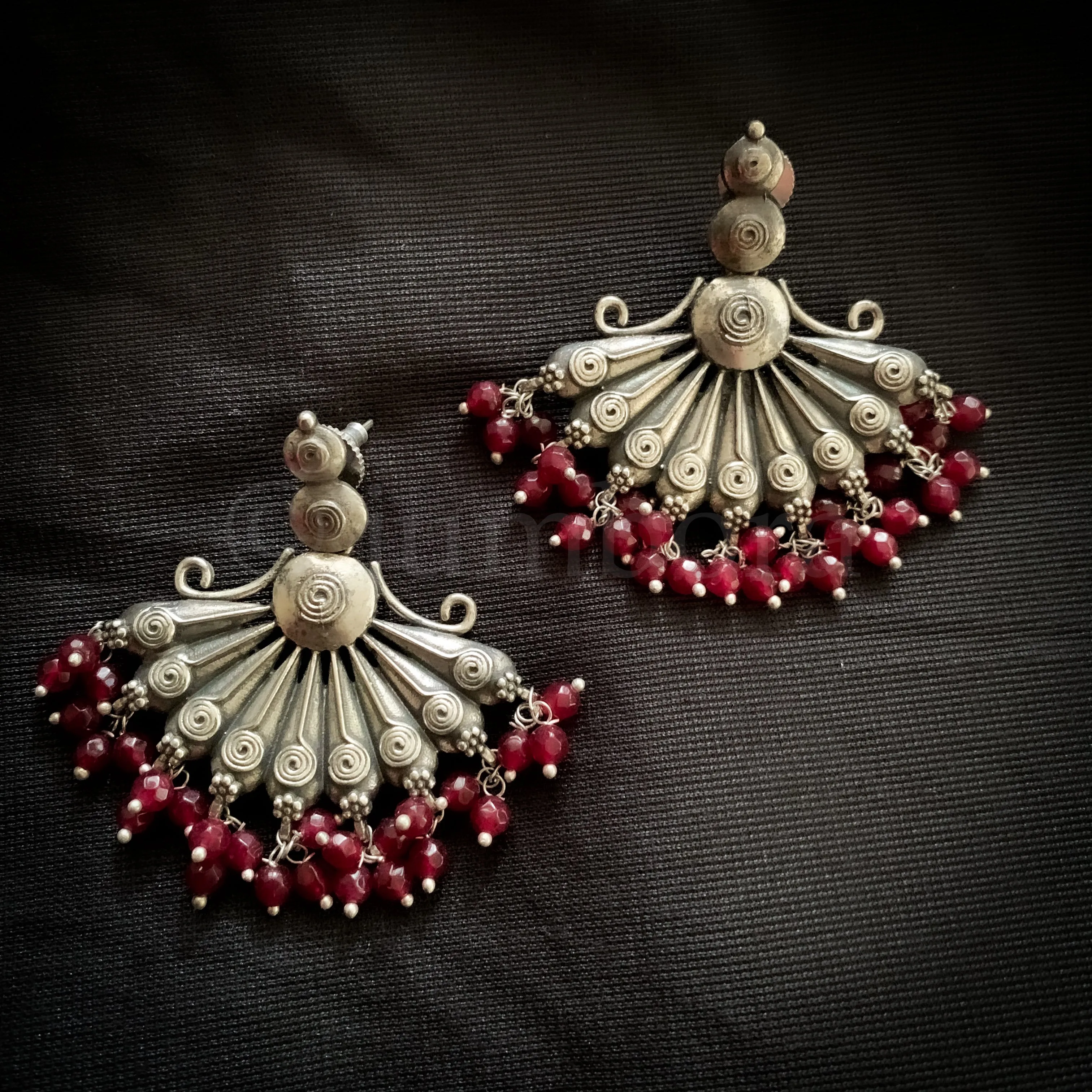 Trendy Unique Design Oxidized Silver Earring with Maroon red beads