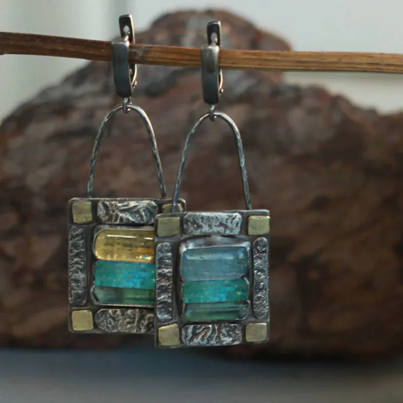Turquoise and Emerald Crystal Stone Earrings