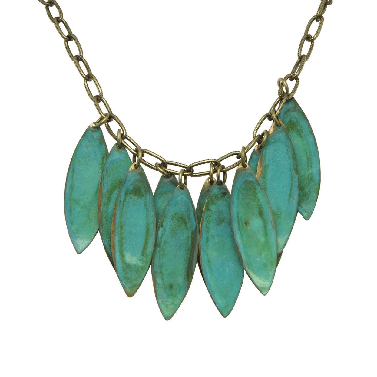 Turquoise-Tone Patina Leaf Brass Necklace