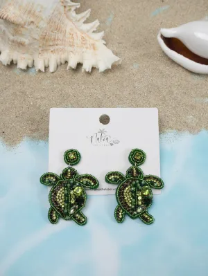 Turtle Beaded Earrings - Emerald Green