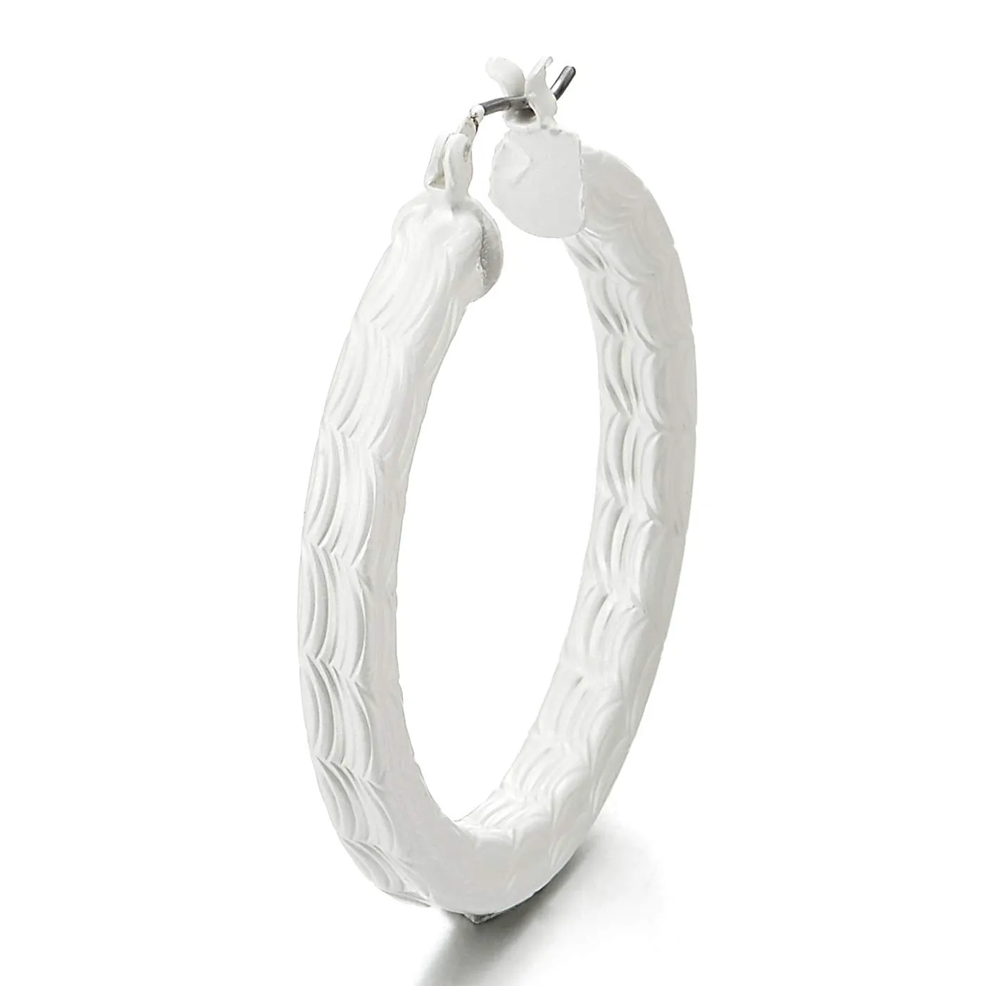 Unique Large White Statement Earrings Grooved Wave Stripes Circle Huggie Hinged Hoop, Party Event