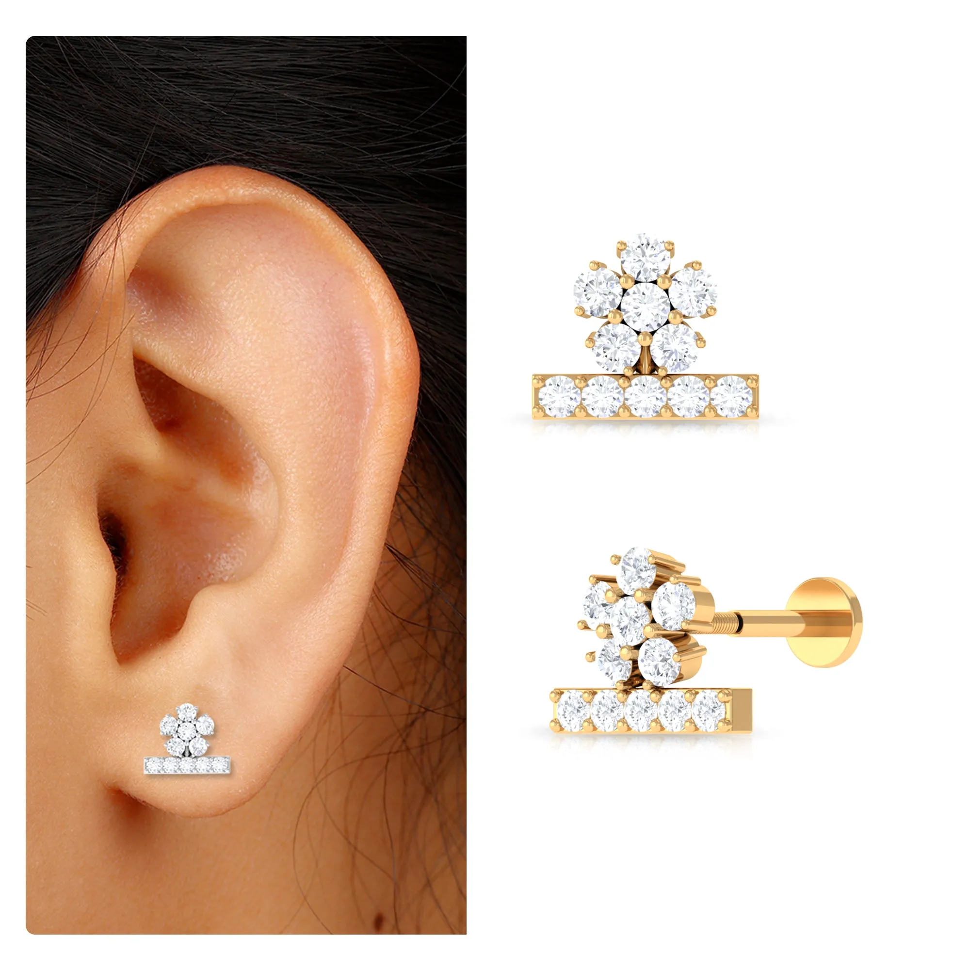 Unique Moissanite Floral Earring for Cartilage Piercing