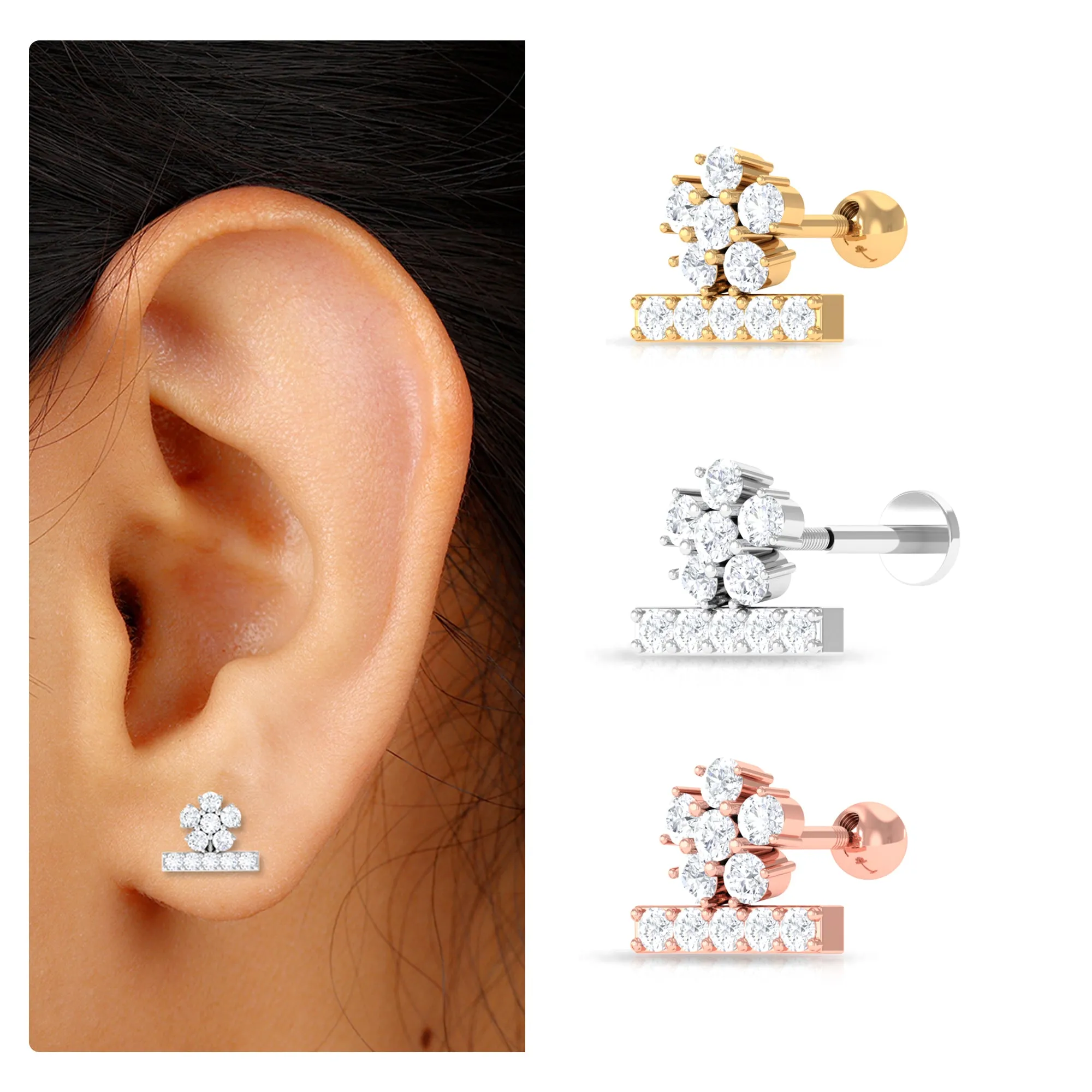 Unique Moissanite Floral Earring for Cartilage Piercing