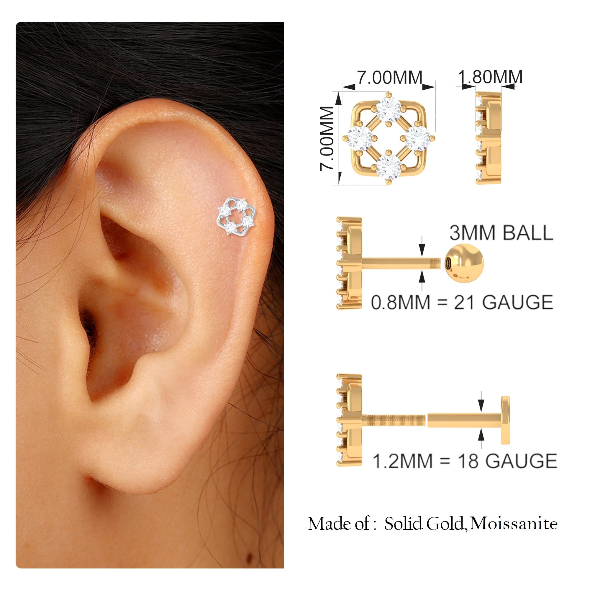 Unique Round Moissanite Conch Earring in Gold