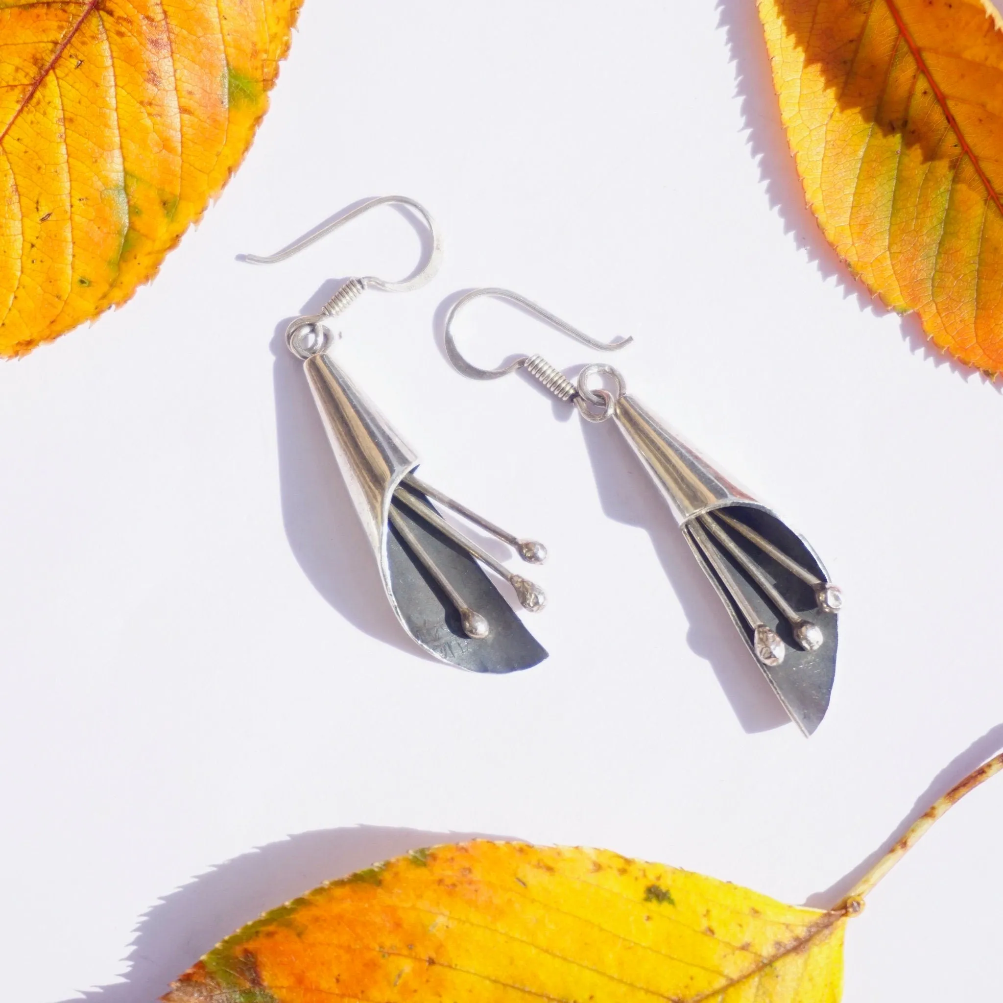 Vintage Sterling Silver Dangle Earrings With Jingle Jangles, Modernist Design Silver Dangle Earrings, Silver Chime Earrings, 925 Jewelry
