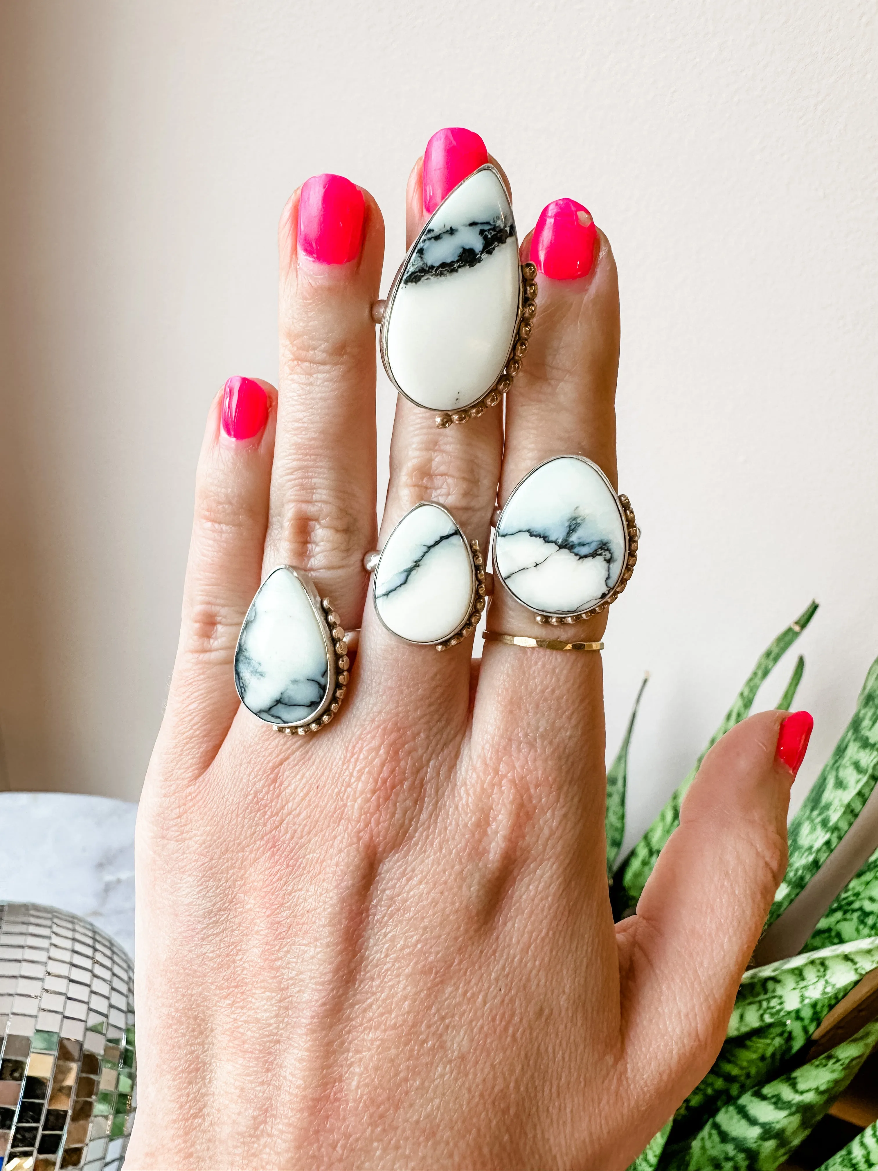 White Variscite Gold Bead Details Statement Ring size 7.5